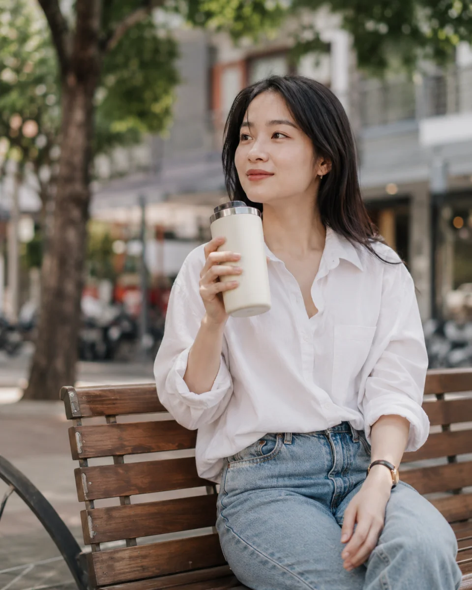 Người mẫu dùng sản phẩm trong đời sống ngoài phố