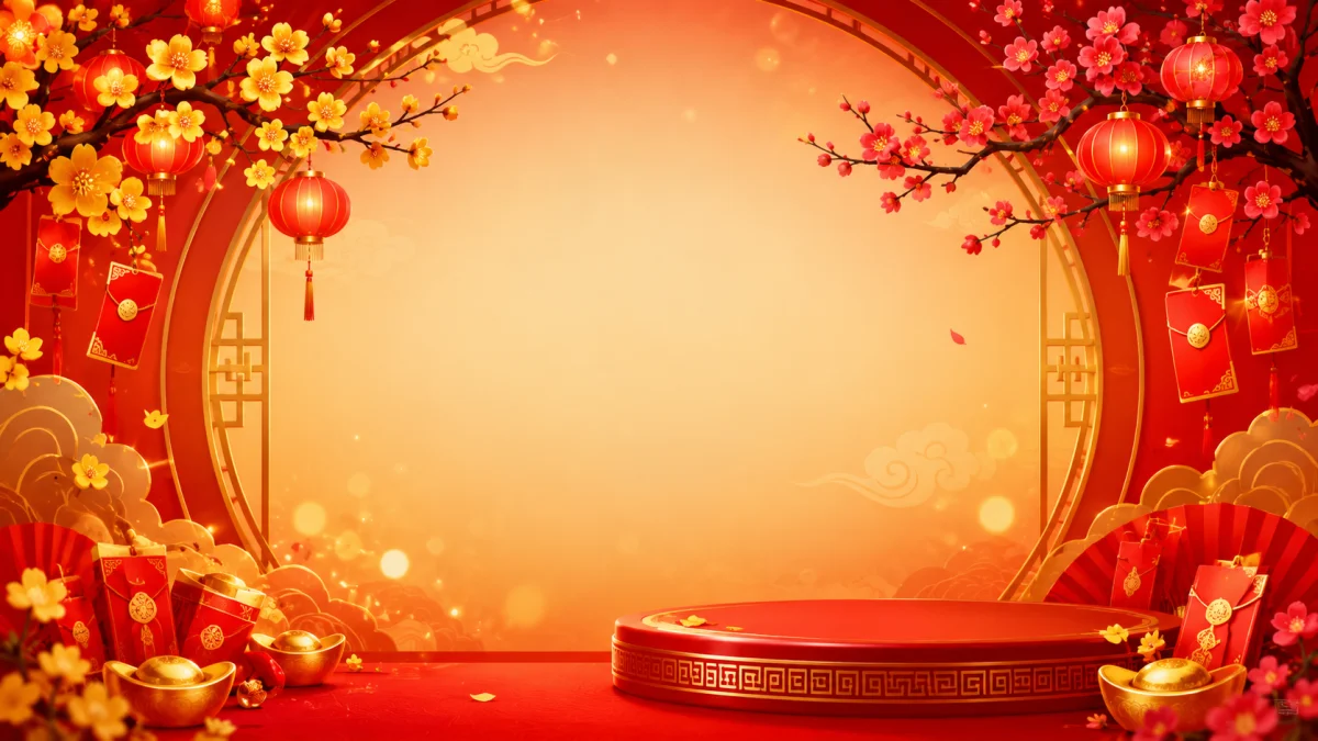 Nền banner Tết: mai đào, sắc đỏ vàng may mắn