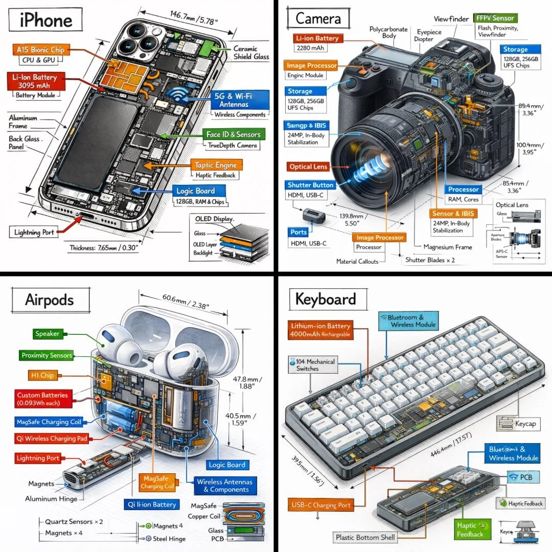 Tạo infographic kỹ thuật sản phẩm góc 3D isometric kiểu bản vẽ