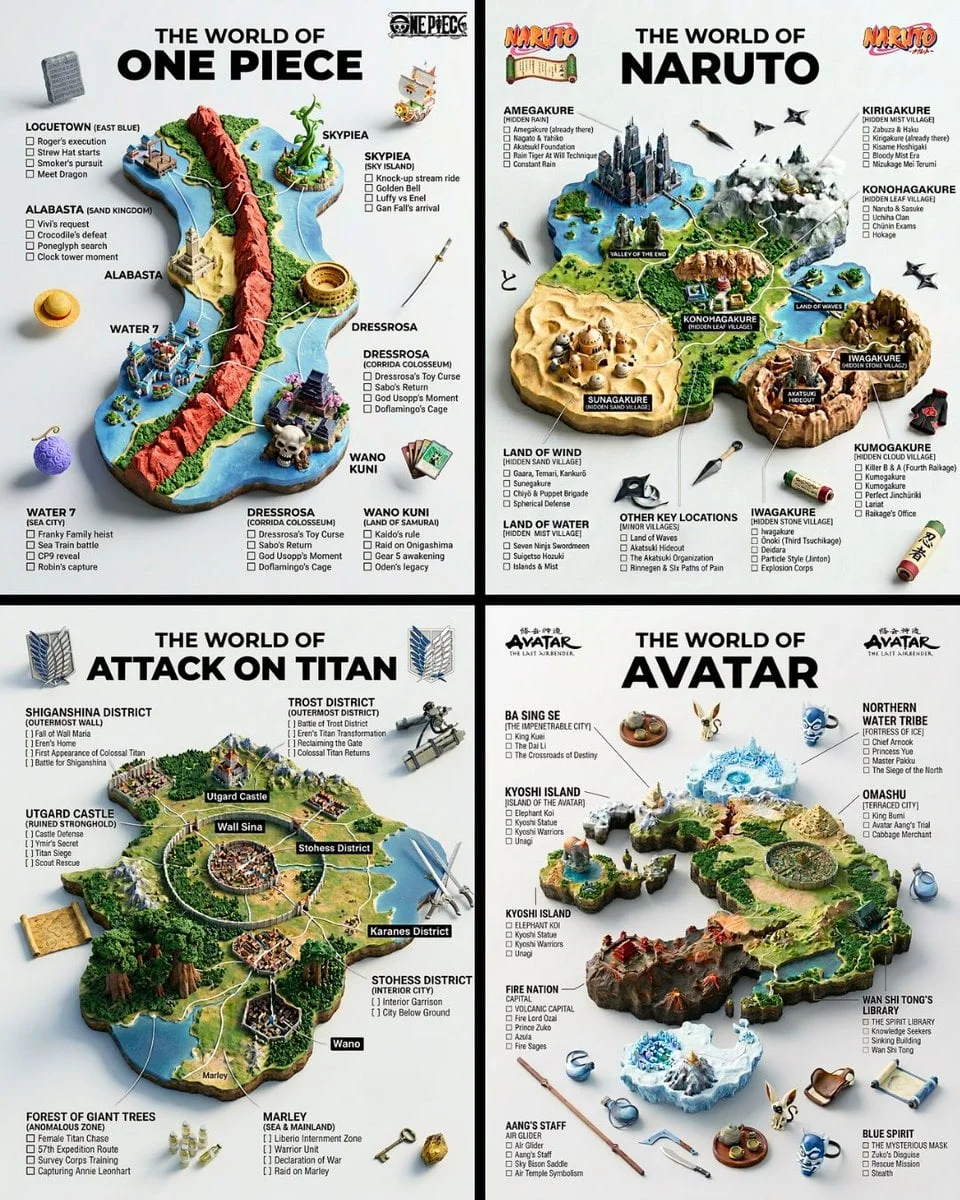 Bản đồ thế giới 3D của bộ phim/show yêu thích kiểu infographic