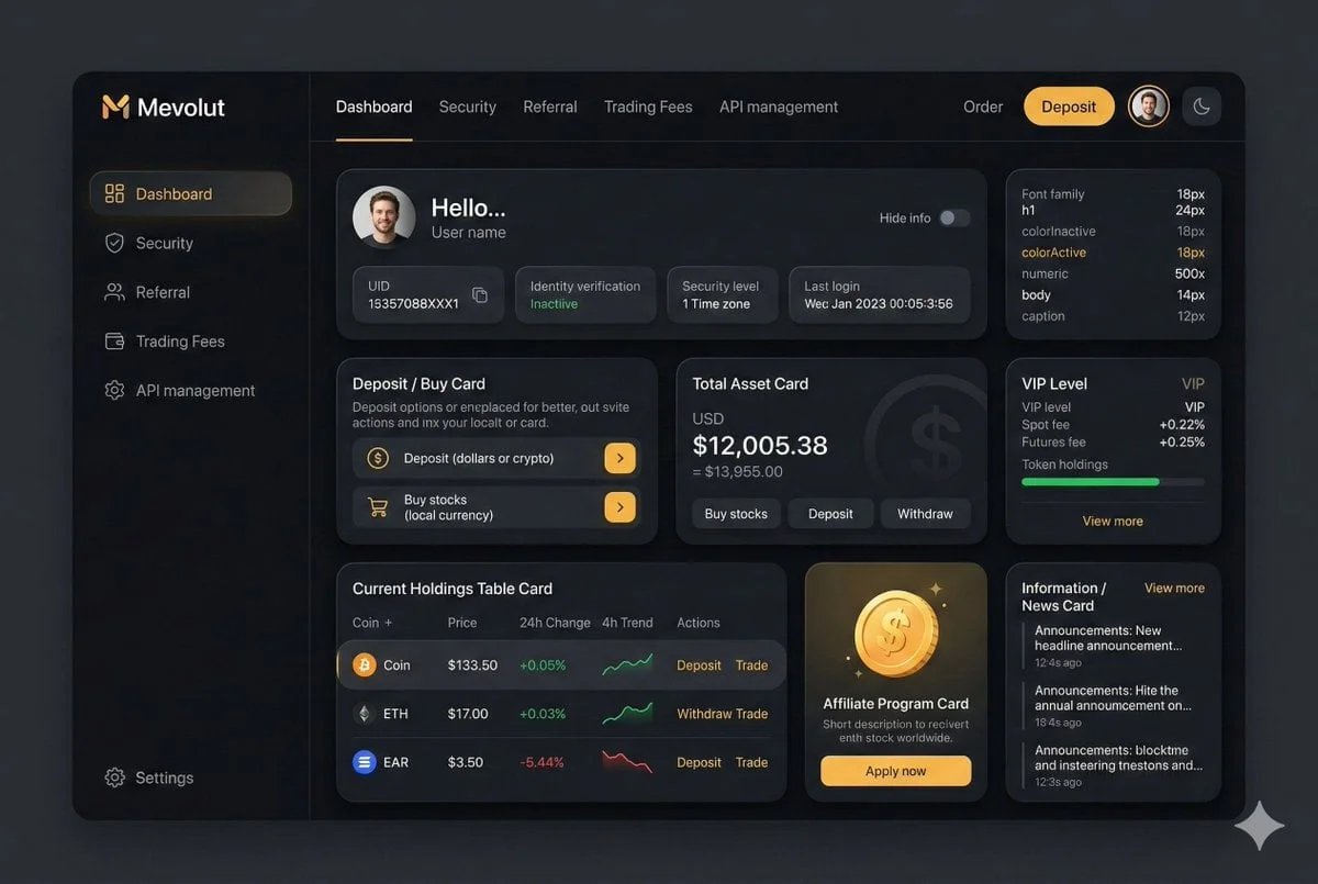 Tạo mockup giao diện dashboard fintech cao cấp (dark theme)