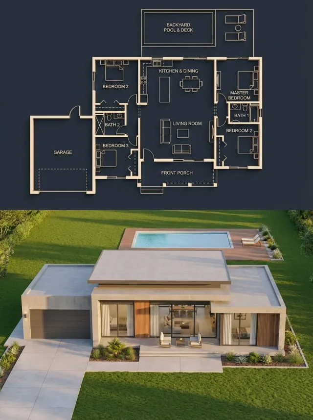 Bản vẽ blueprint + ngôi nhà thật khớp chính xác (chia đôi khung)
