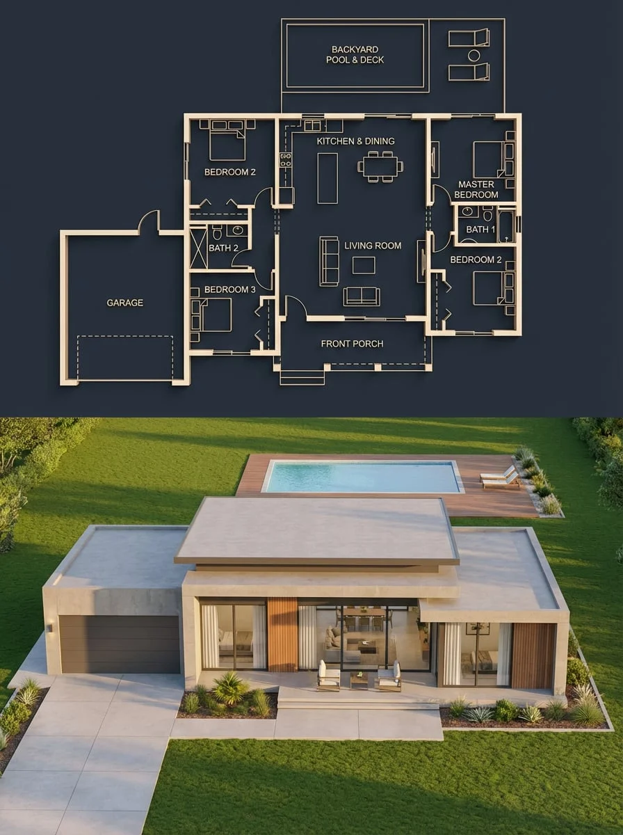 Bản vẽ blueprint + ngôi nhà thật khớp chính xác (chia đôi khung)