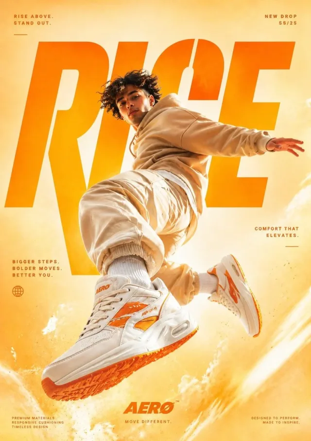 Poster quảng cáo giày sneaker với người mẫu bật nhảy