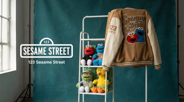 Ảnh "merch drop" với giá treo đồ và sản phẩm xếp chồng