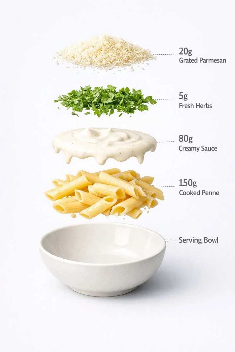 Ảnh món ăn chuẩn nhà hàng: pasta sốt kem trong bát gốm