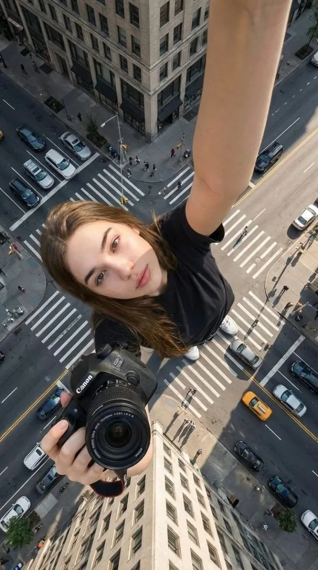 Selfie khổng lồ góc từ trên cao giữa giao lộ thành phố
