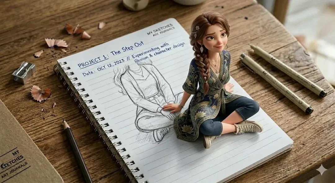 Cô gái 3D bước ra từ trang sổ tay (ảo ảnh nửa phác hoạ)