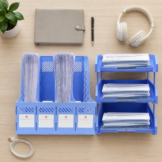 Flat-lay văn phòng phẩm, phụ kiện công nghệ gọn gàng