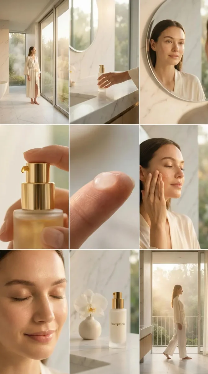 Collage quy trình skincare buổi sáng phong cách spa cao cấp