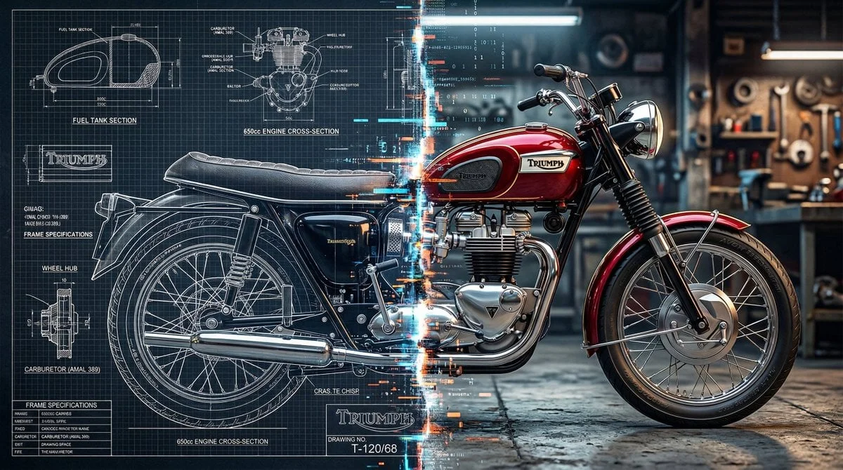 Ảnh nửa bản vẽ kỹ thuật nửa render 3D với đường ghép glitch