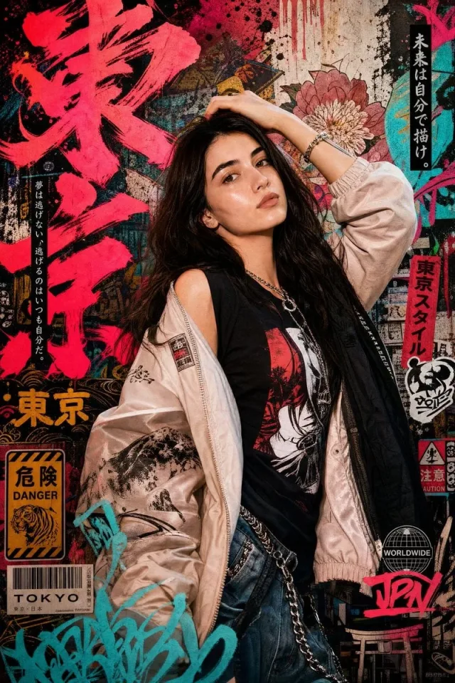 Poster chân dung phong cách graffiti Nhật Bản đường phố