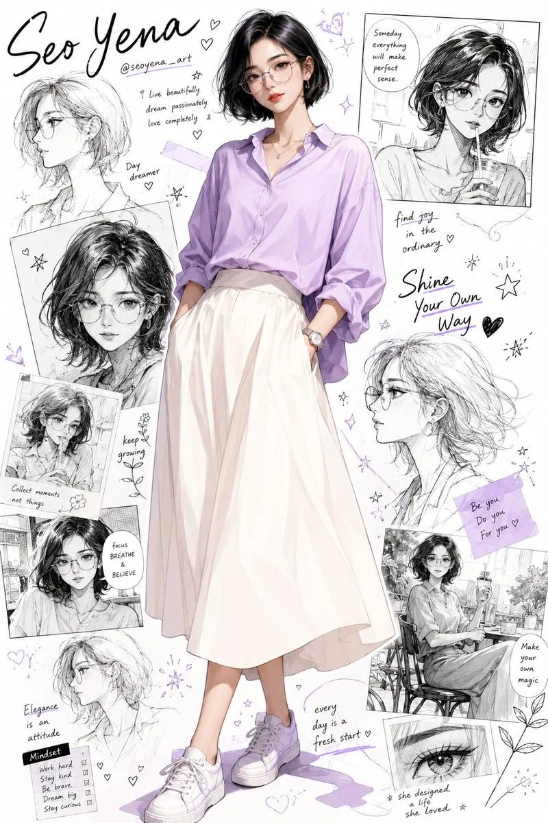 Minh hoạ anime cô gái Hàn với nền collage phác thảo
