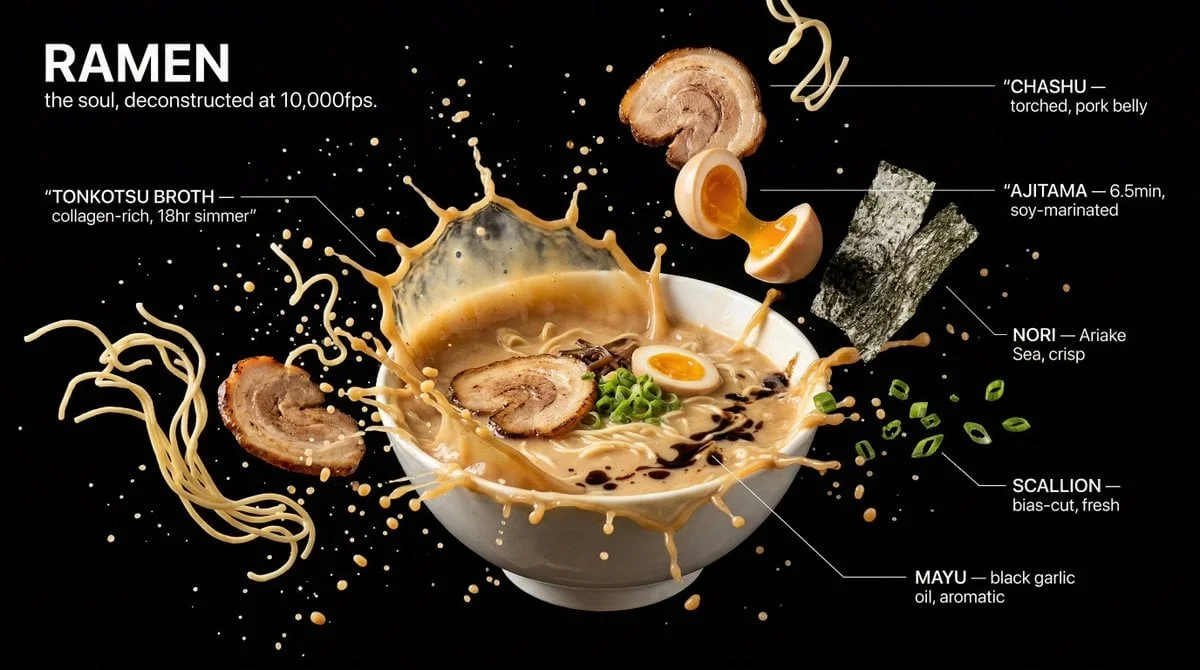 Prompt ảnh món ăn nổ tung chất lỏng tốc độ cao kèm chú thích