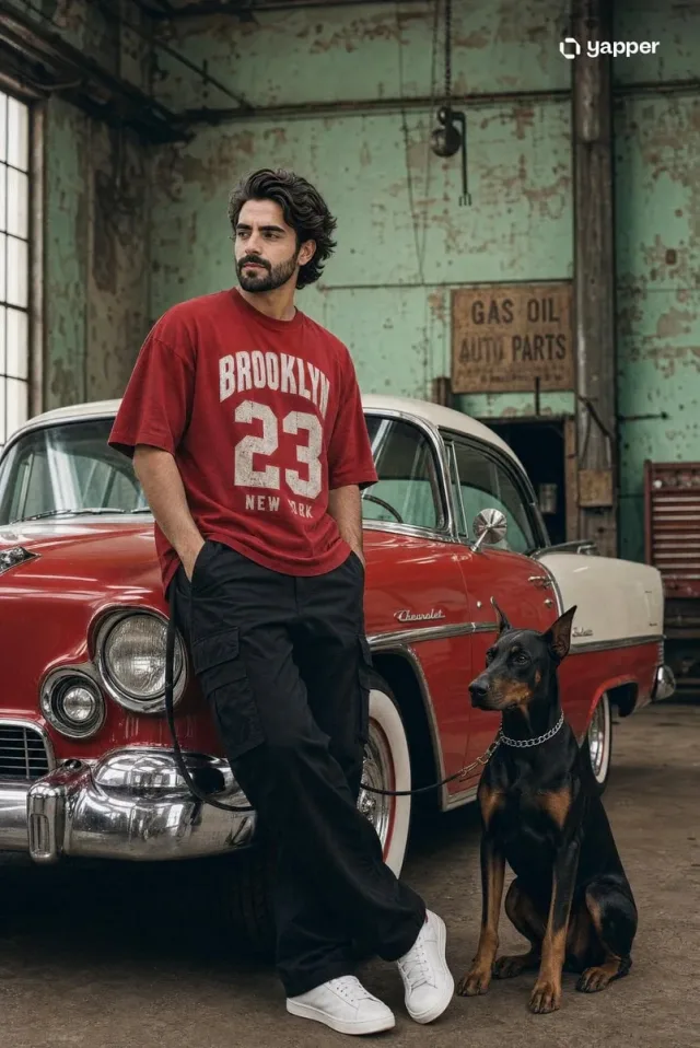 Ảnh lookbook nam streetwear với xe cổ và thú cưng