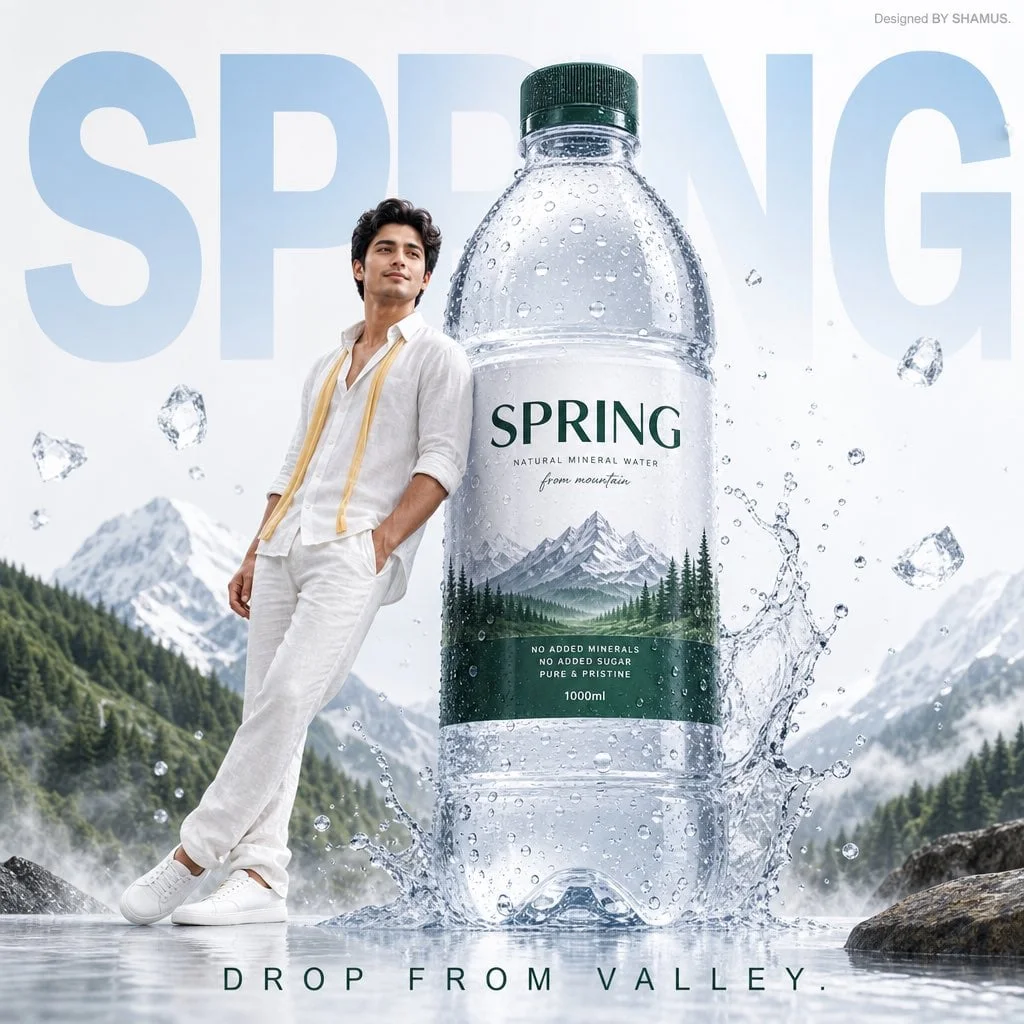 Prompt poster đồ uống với chai khổng lồ cạnh người