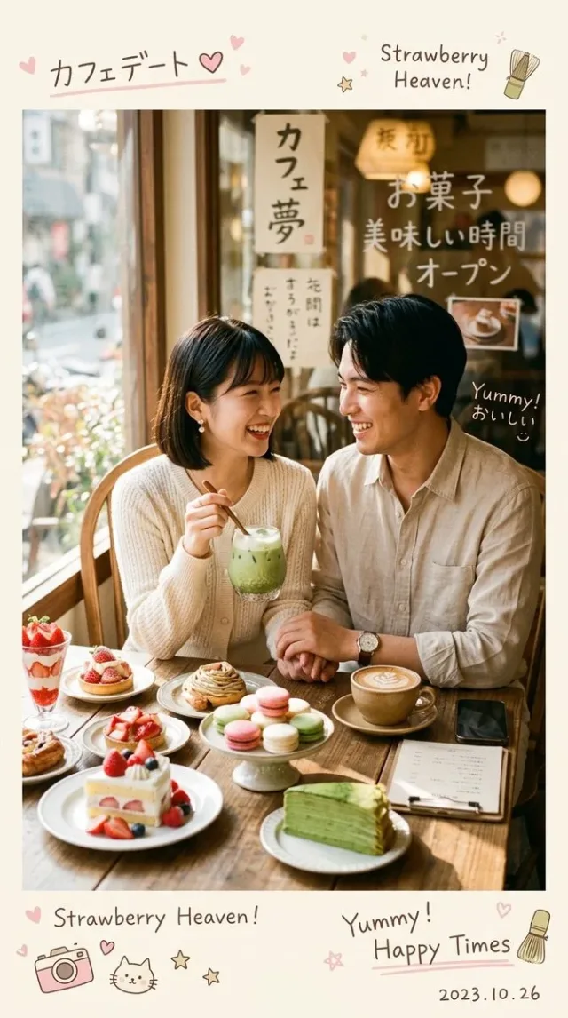 Ảnh không gian quán café aesthetic với cặp đôi và món ngọt