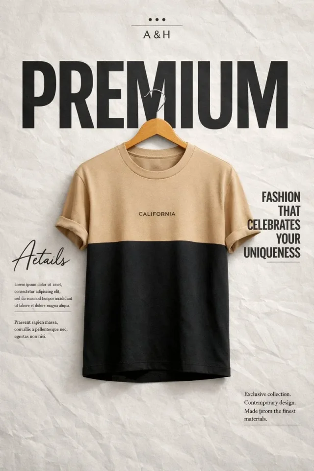 Prompt poster áo thun treo mắc kiểu editorial chữ lớn