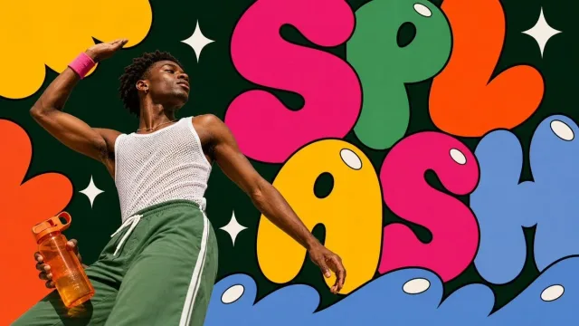 Poster chữ bong bóng pop-art kèm người và sản phẩm