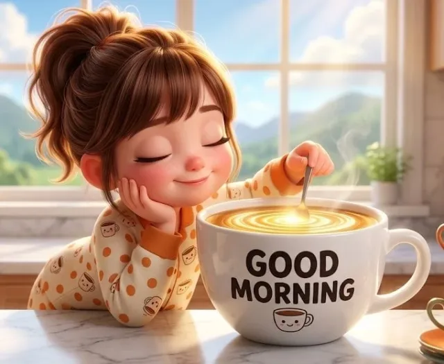 Minh hoạ bé gái bên cốc cà phê Good Morning