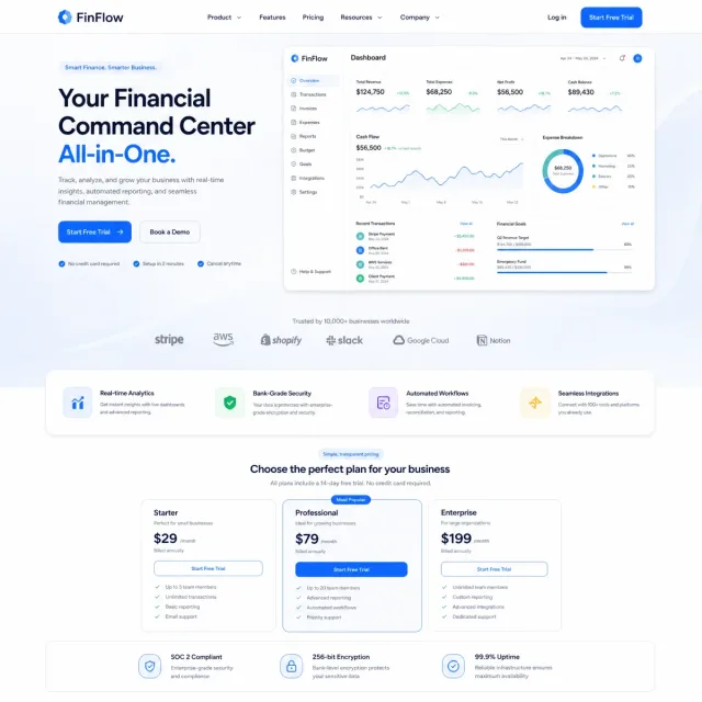 Giao diện landing page SaaS tài chính tông sáng