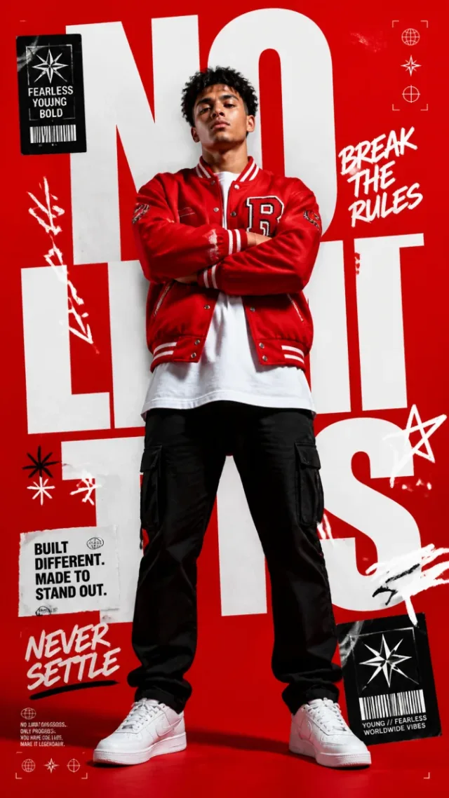 Poster streetwear chữ khổng lồ, người mẫu trên nền đỏ