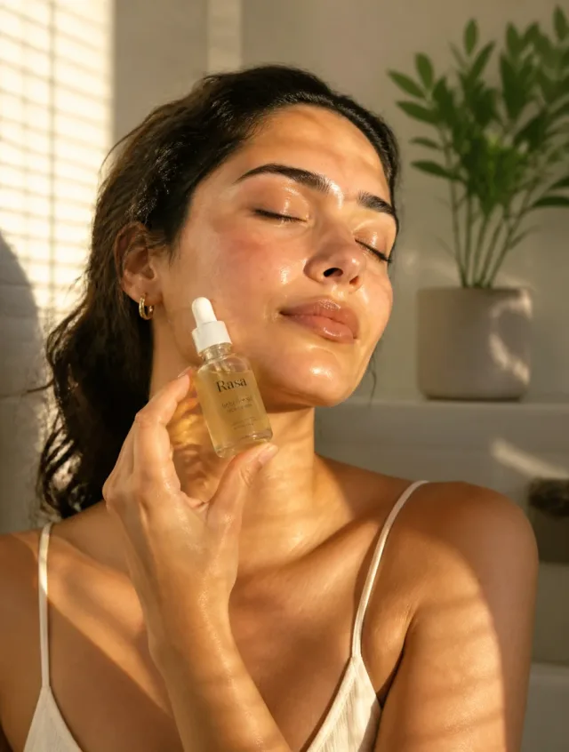 Ảnh serum dưỡng da cầm tay, nắng vàng qua rèm
