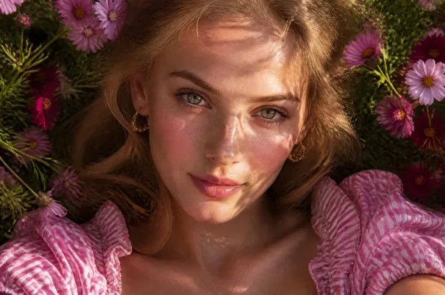 Chân dung beauty chụp từ trên xuống giữa đồng hoa dại