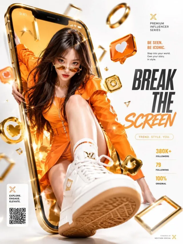 Poster người bùng ra từ màn hình điện thoại (chất influencer)