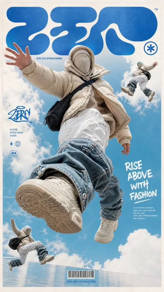 Poster streetwear mẫu không mặt bay lơ lửng (góc thấp Y2K)