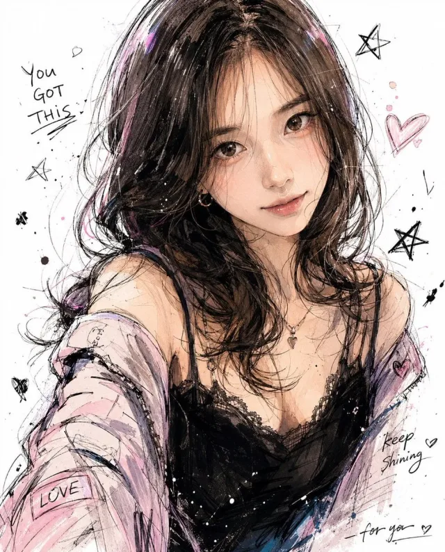 Minh hoạ nhân vật kiểu Hàn nửa người (doodle mực, pastel)