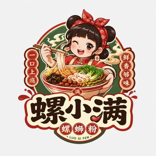 Logo linh vật món ăn kiểu quốc phong (huy hiệu nhân vật + chữ)