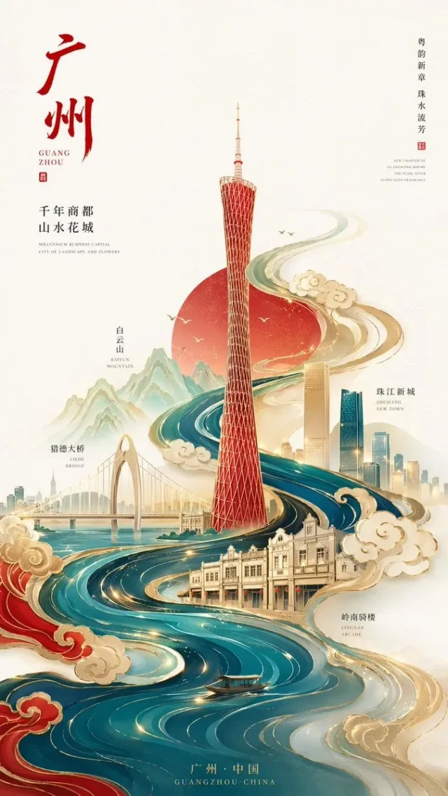 Poster đô thị tối giản tân Trung (địa danh hình học, S-curve)