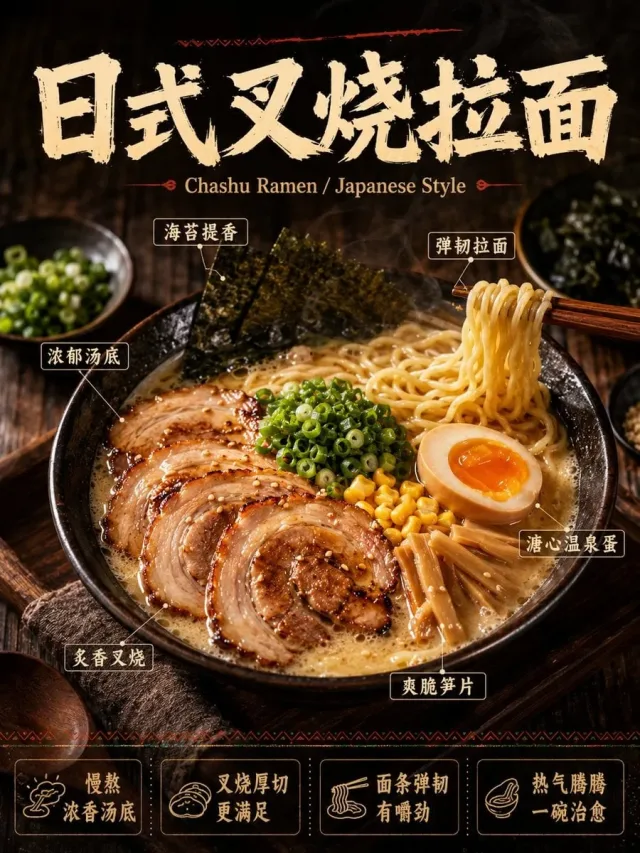 Poster món ăn thương mại tông tối (tiêu đề lớn + chú thích nguyên liệu)