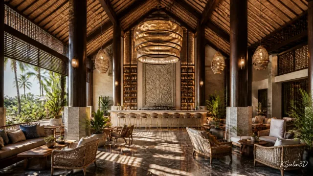 Nội thất sảnh khách sạn / resort phong cách nhiệt đới Đông Nam Á
