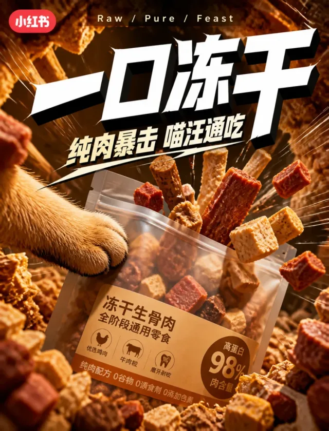 Cover fisheye sản phẩm snack thú cưng (tông ấm, đập vào mặt)